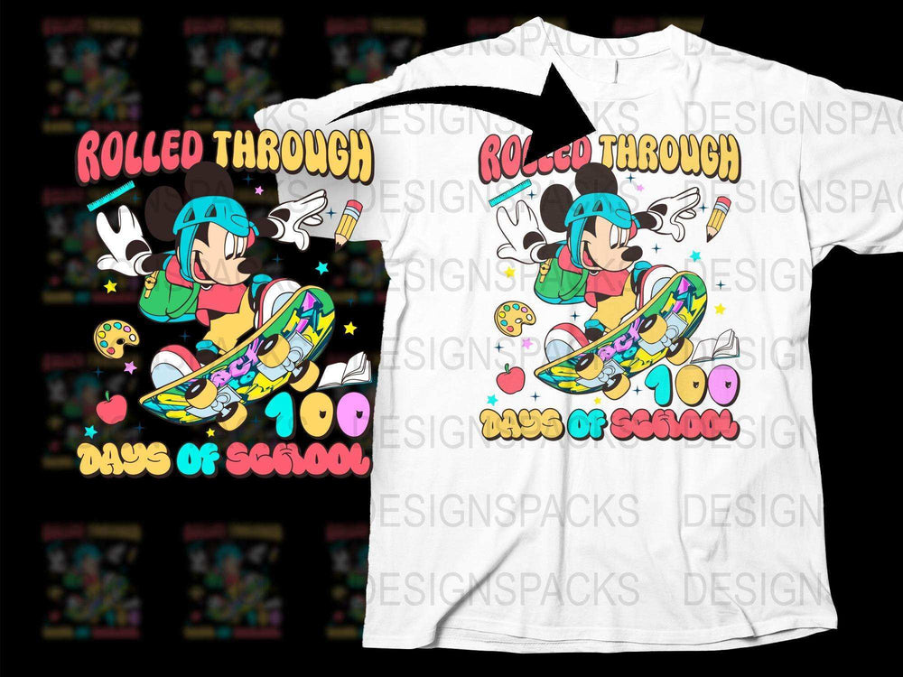 Colorful Kids 100 Days of School T-Shirt, Cartoon Skateboard Design, Youth Graphic Tee, Bright Casual Wear