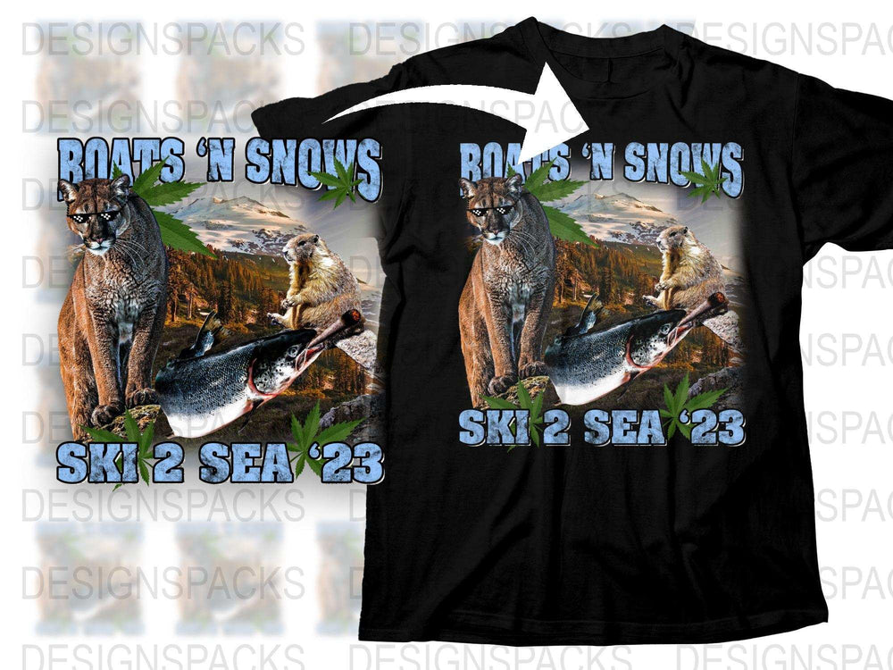 Ski 2 Sea 2023 T-Shirt, Mountain Cougar Graphic, Boats on Snows Event Tee