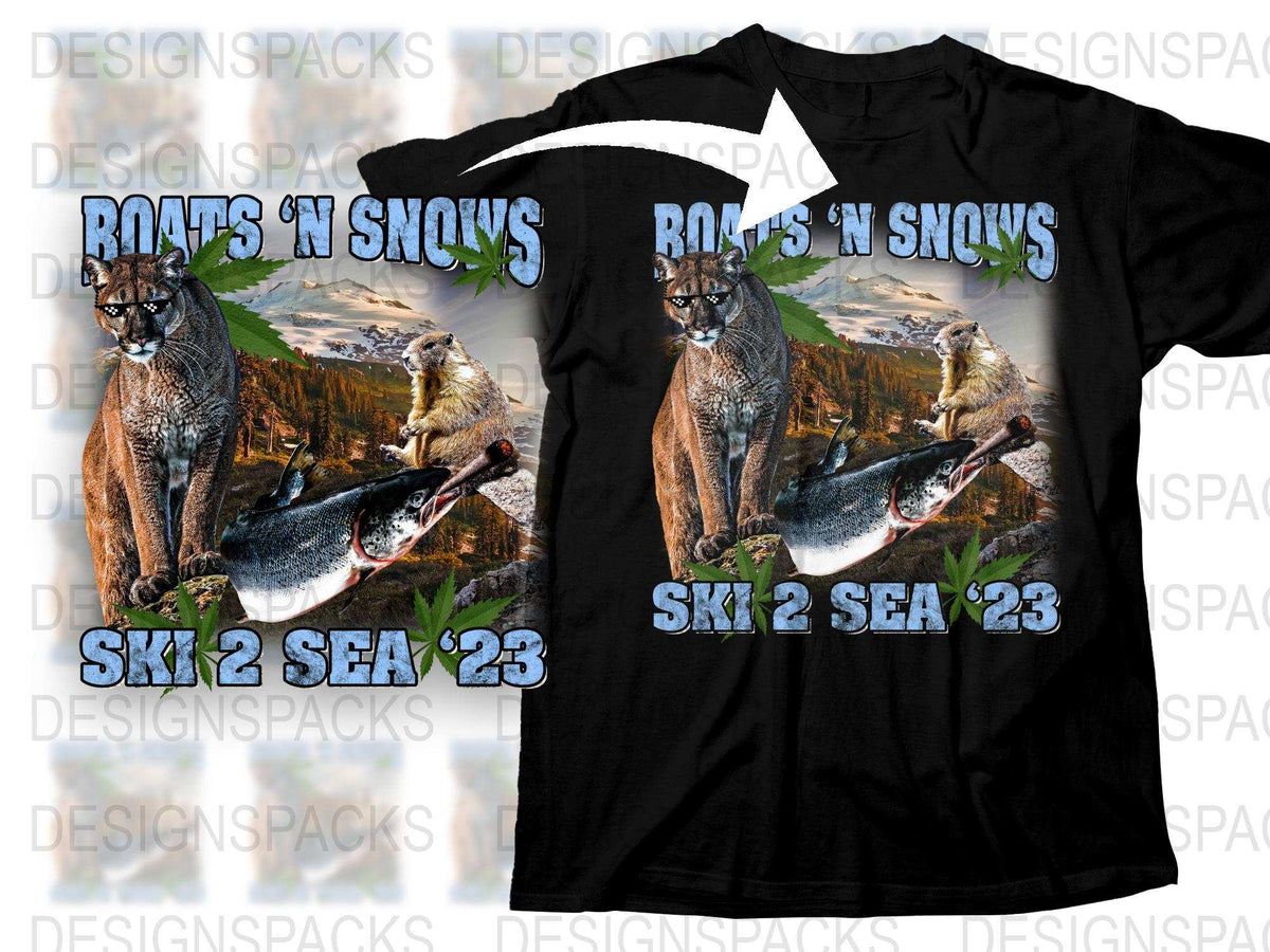 Ski 2 Sea 2023 T-Shirt, Mountain Cougar Graphic, Boats on Snows Event Tee