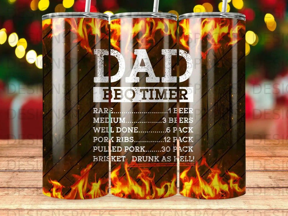 Dad BBQ Timer with grilling humor, wood grain and flames.