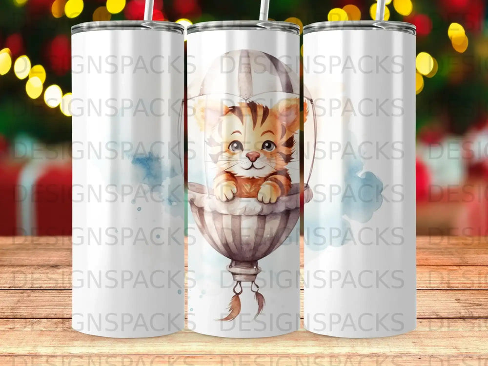 Cute tabby kitten in hot air balloon with watercolor background.