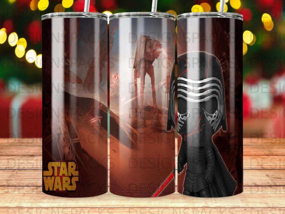 Kylo Ren on a Star Wars themed tumbler with lights and a desert landscape.