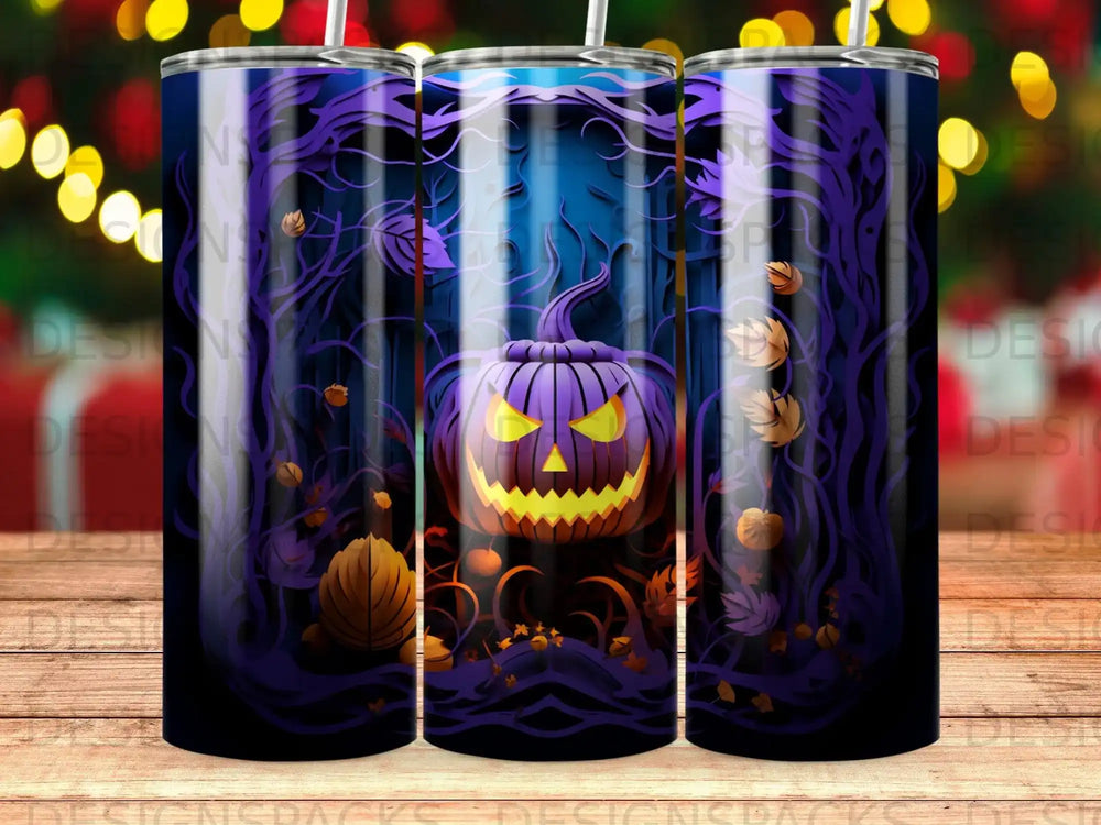 Halloween tumbler with a grinning pumpkin and dark, spooky forest scene.