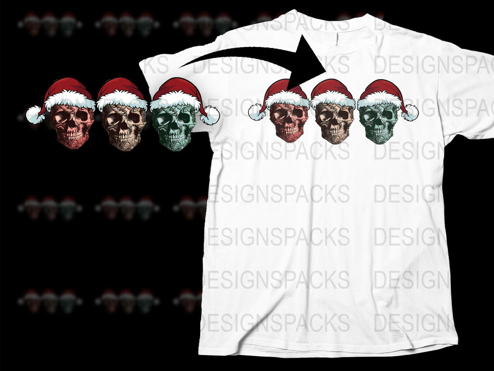 Colorful Skulls Christmas T-Shirt, Santa Hat Holiday Tee, Unique Festive Apparel, Men's Women's Sizes