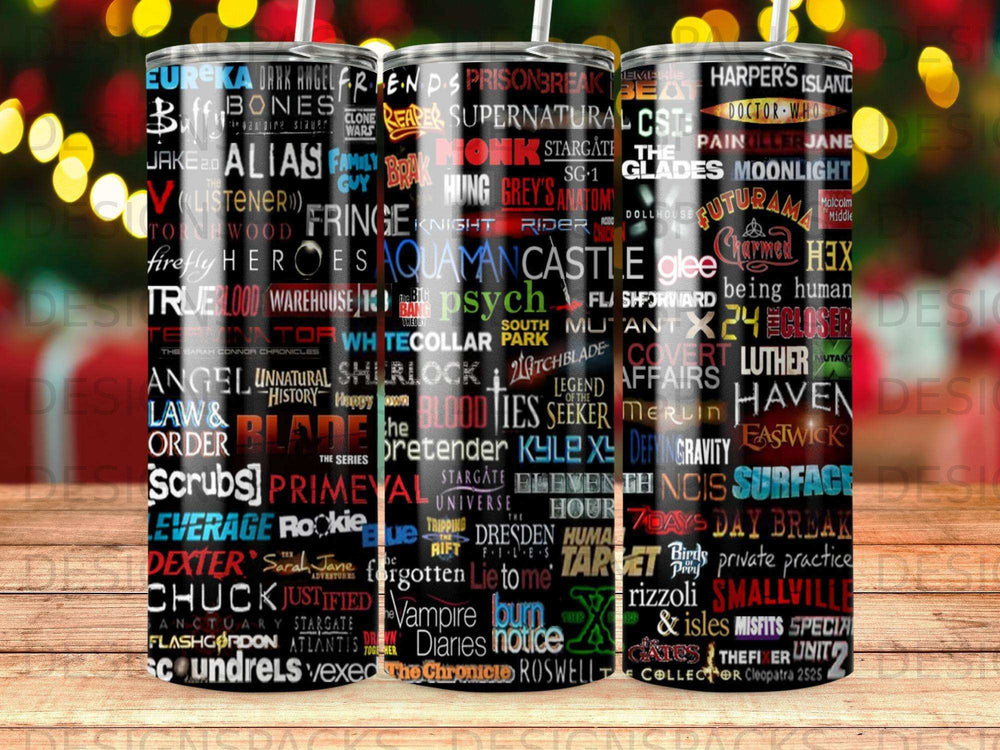 Collage of TV show logos and titles on a black background.