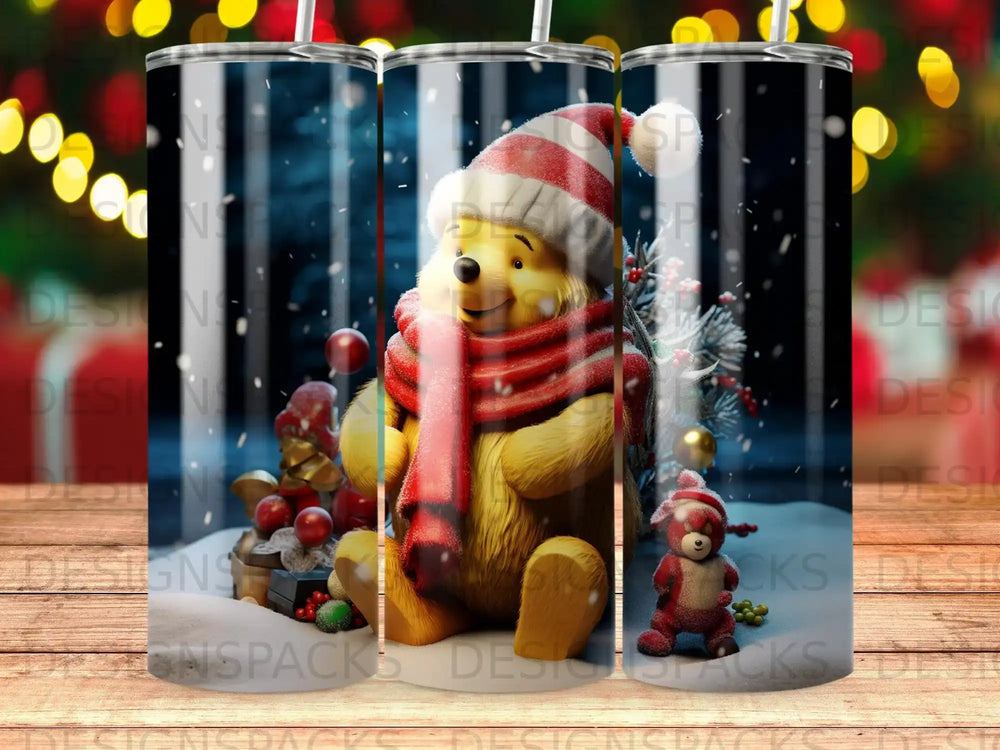 Winnie the Pooh wearing a Santa hat and scarf with festive decorations.