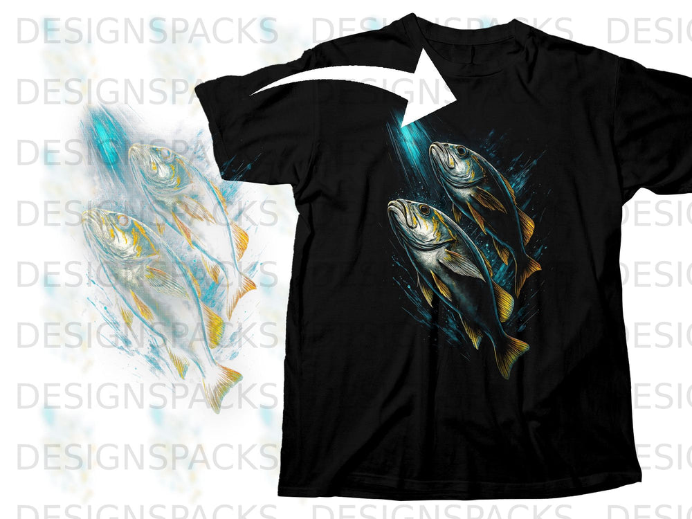 Black t-shirt featuring a graphic of two fish swimming in blue water.