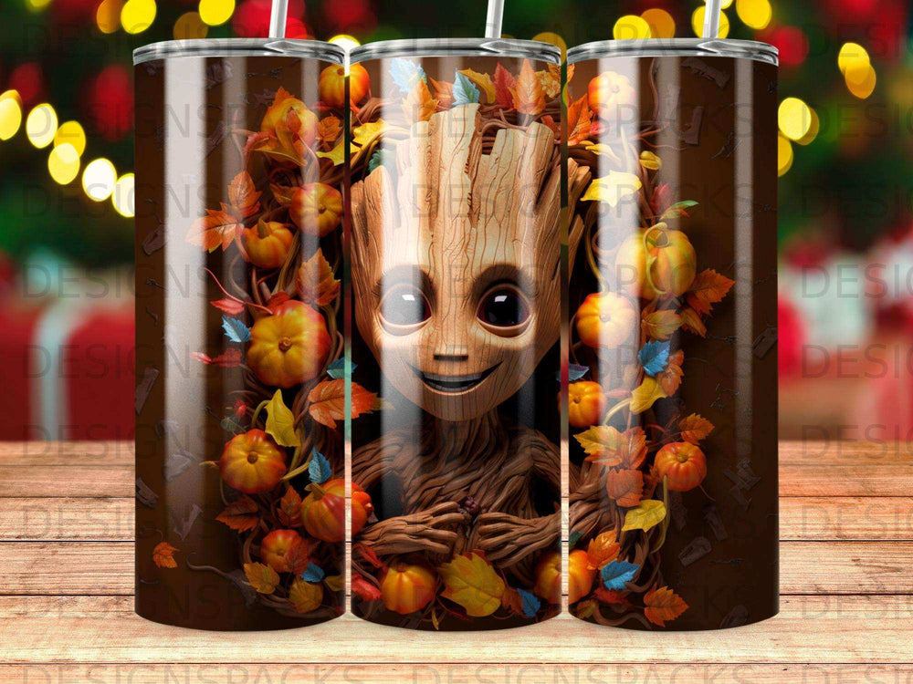 Groot in autumn foliage, holding a pumpkin, on a tumbler.