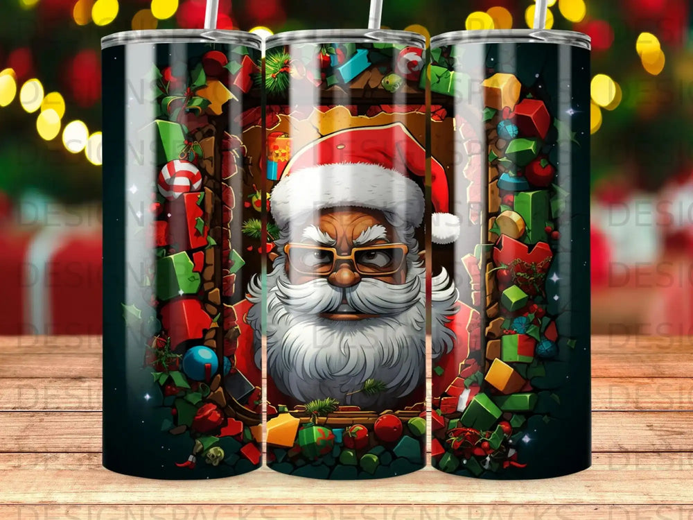 Santa Claus peeks through a cracked wall amidst presents and Christmas decorations.