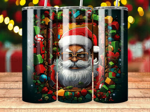 Santa Claus peeks through a cracked wall amidst presents and Christmas decorations.