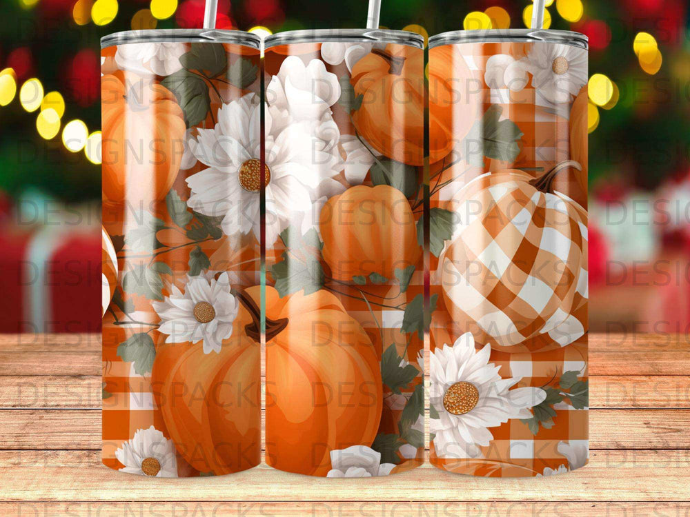 Orange and white plaid pattern with white flowers and pumpkins.