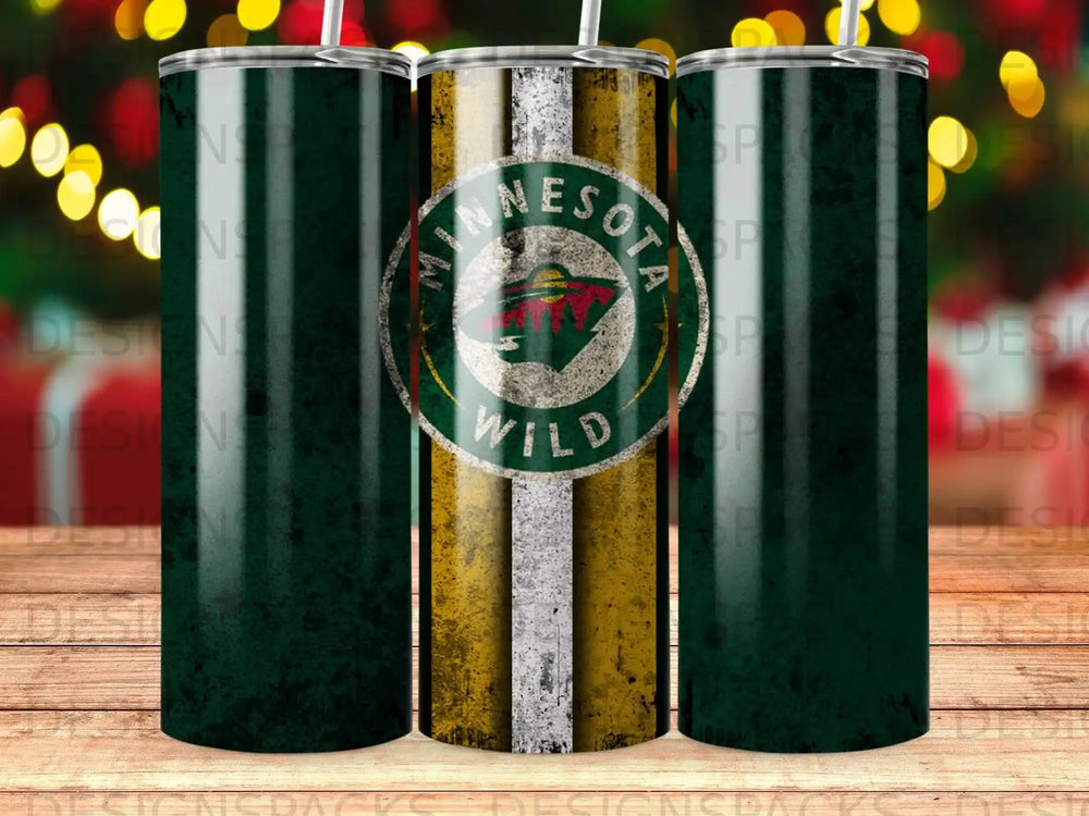 Minnesota Wild logo on a green and yellow striped tumbler with Christmas lights.