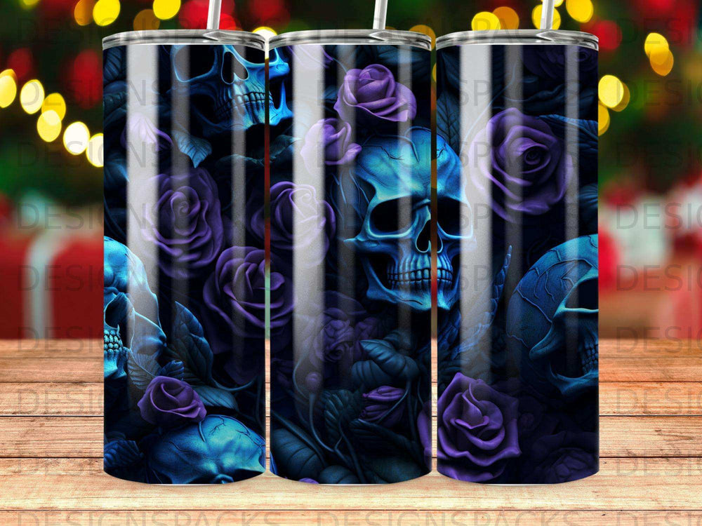 Blue skull and purple roses design on a tumbler.