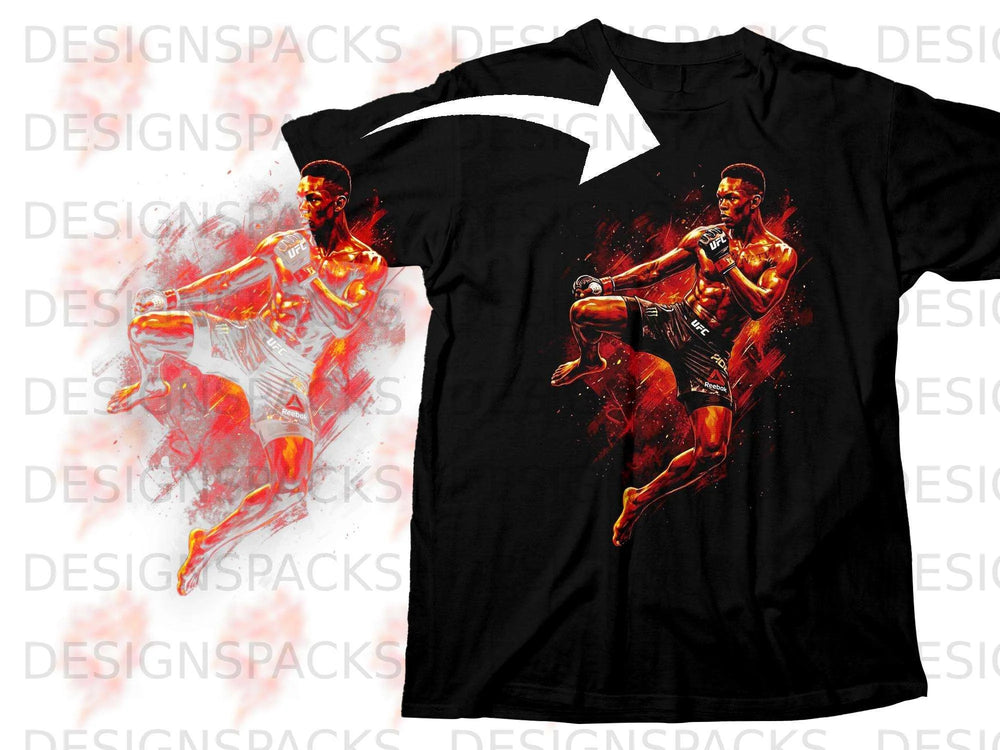 Black t-shirt with UFC fighter performing a kick, rendered in fiery red and orange.