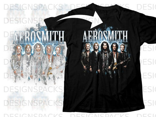 Black t-shirt featuring the band Aerosmith with band members and logo.