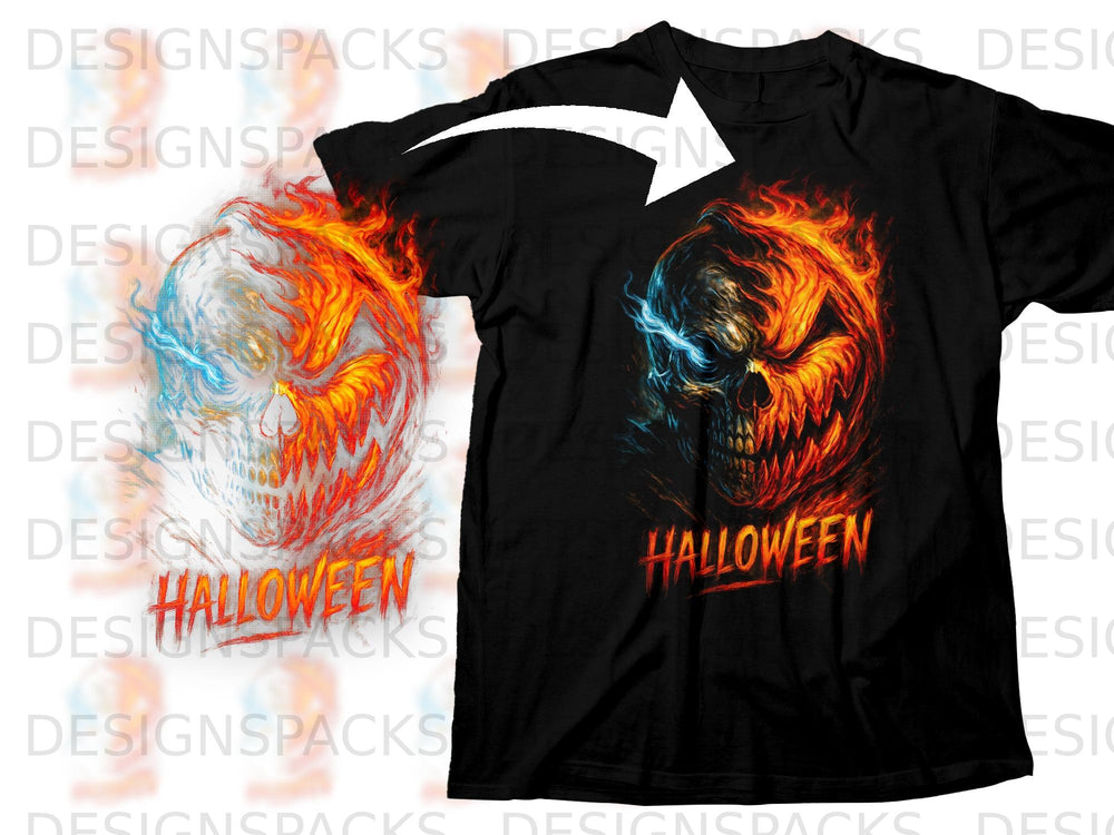 Black t-shirt with flaming skull graphic and "Halloween" text.