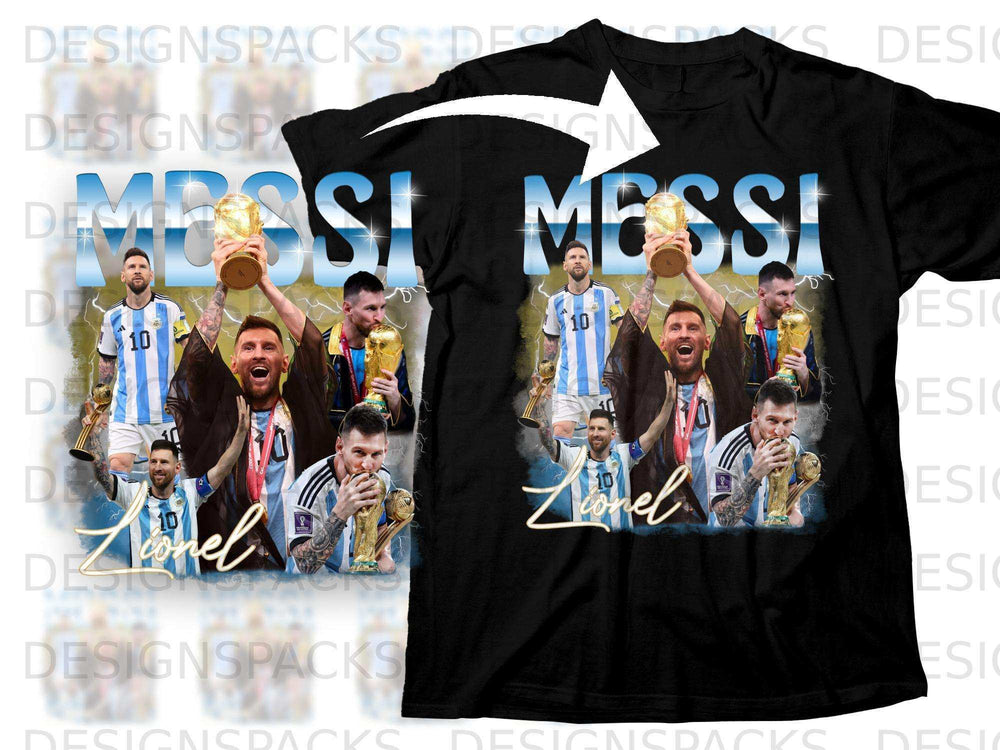 Messi collage on a black t-shirt, featuring trophies and Argentina's number 10.