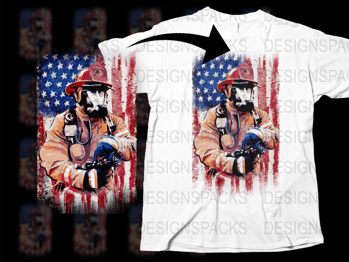 Firefighter and Dog T-Shirt, Patriotic American Flag Graphic Tee, Men's Casual Wear, Unique Hero Design Shirt