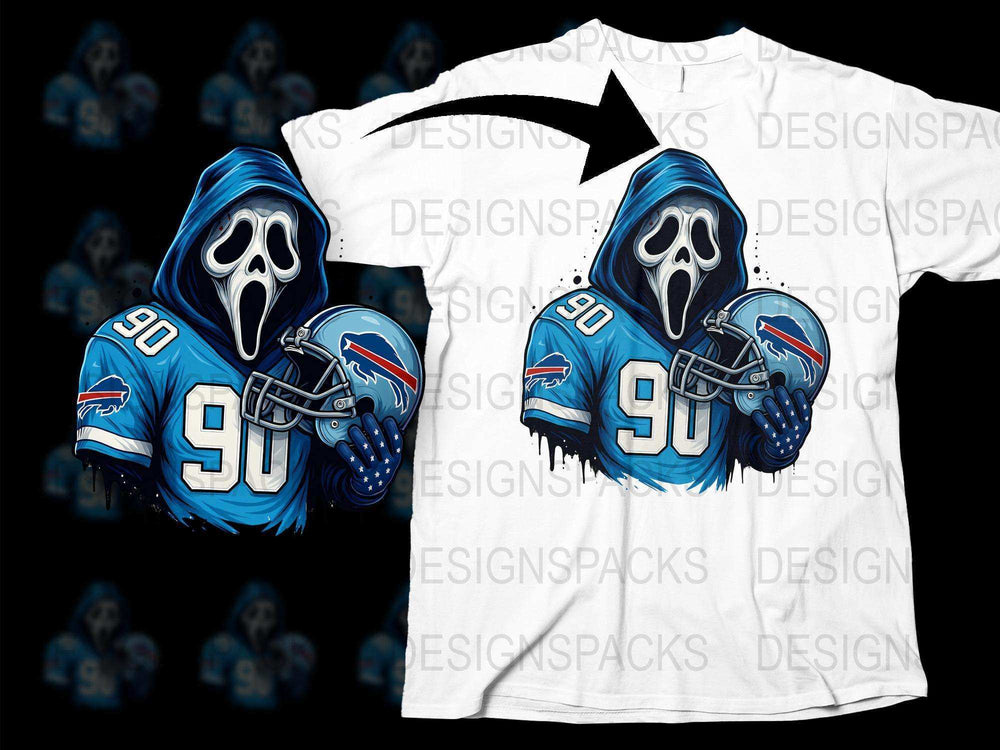 Men's Ghost Reaper Football Graphic T-Shirt, Blue Team Sports Fan Apparel, Unique Halloween Costume Idea, Size Options Available