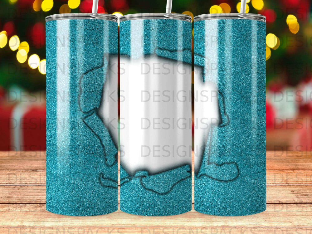 Blue glitter tumbler with white stripes and cartoon-style dog outline.