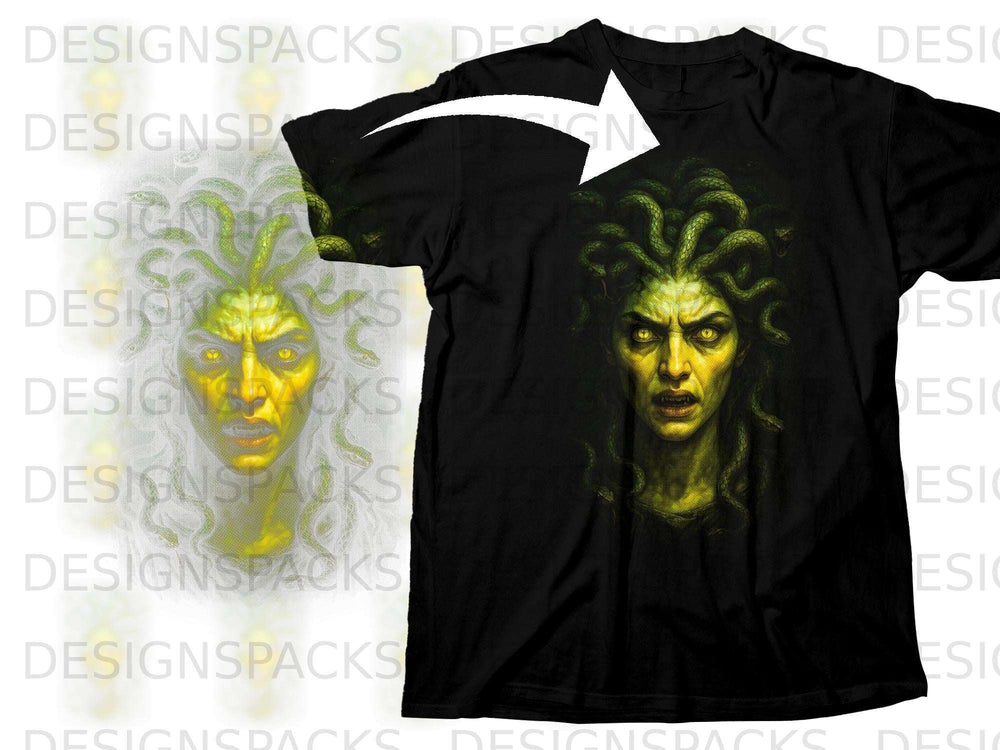 Black t-shirt featuring a detailed illustration of Medusa with snakes for hair.
