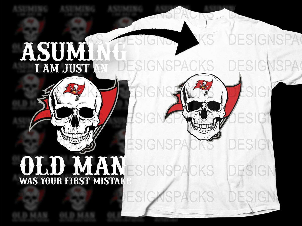 Skull Graphic T-Shirt 'Assuming I am Just an Old Man' White Tee with Pirate Design