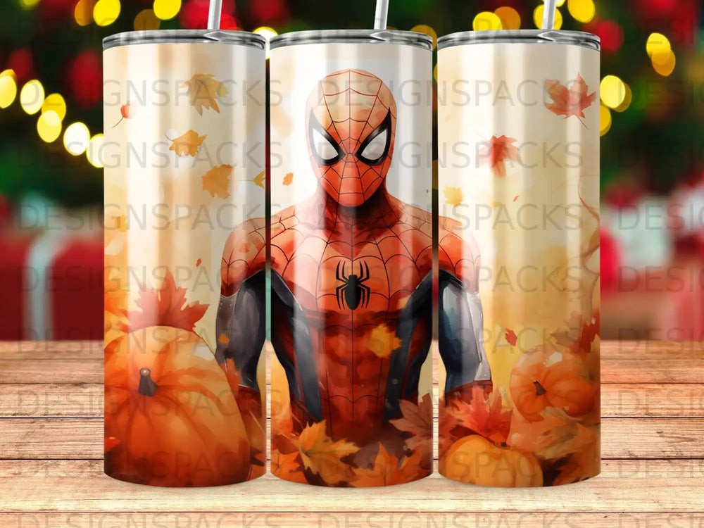 Spiderman in orange and red costume surrounded by autumn leaves and pumpkins.