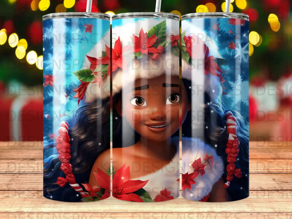 Young girl with dark curly hair in a festive red and white outfit.