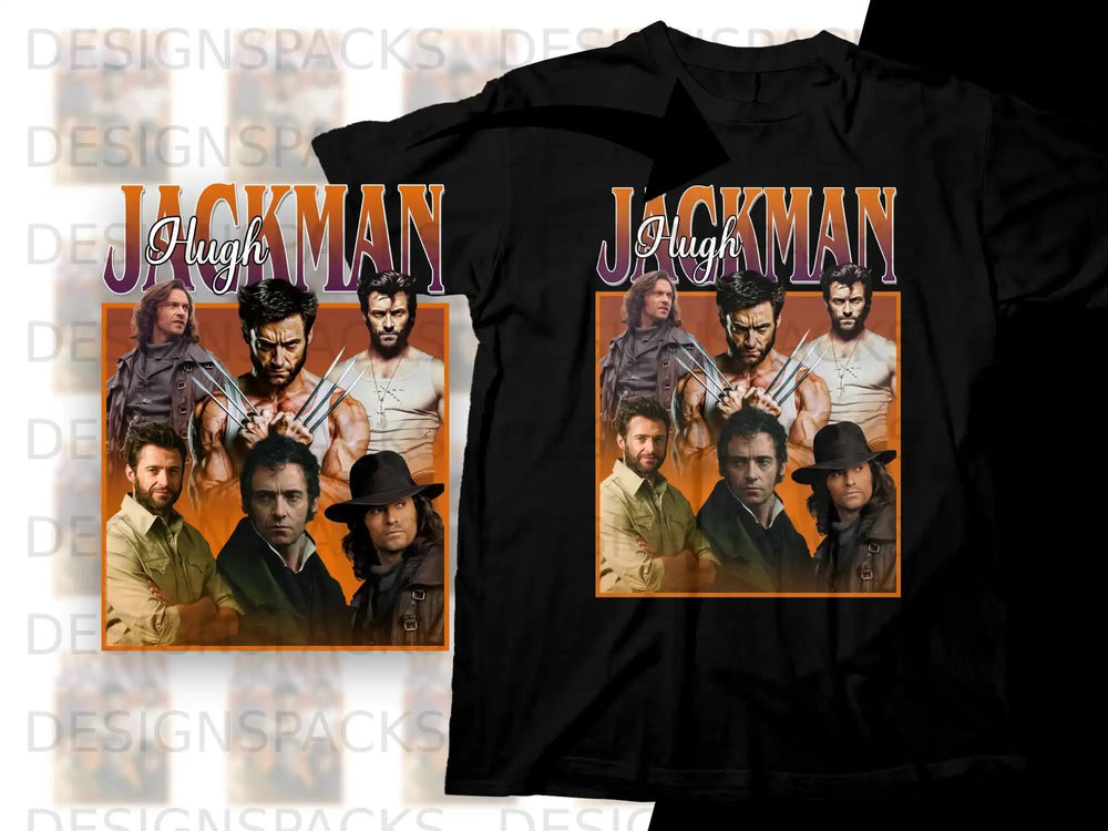 Hugh Jackman collage on a black t-shirt.
