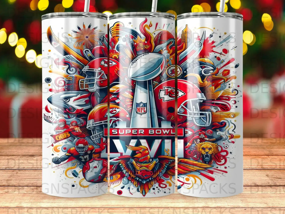 Super Bowl LVII tumbler with NFL helmets, Lombardi Trophy, and team logos.