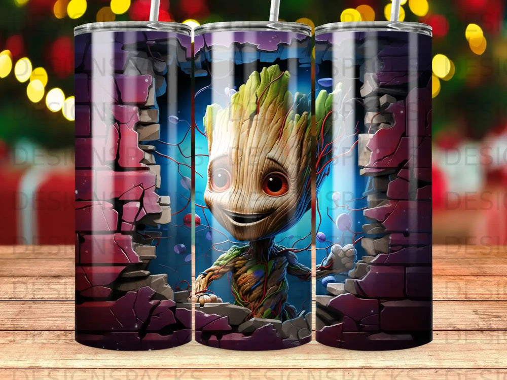 Groot character breaks through a brick wall, 20 oz tumbler design.