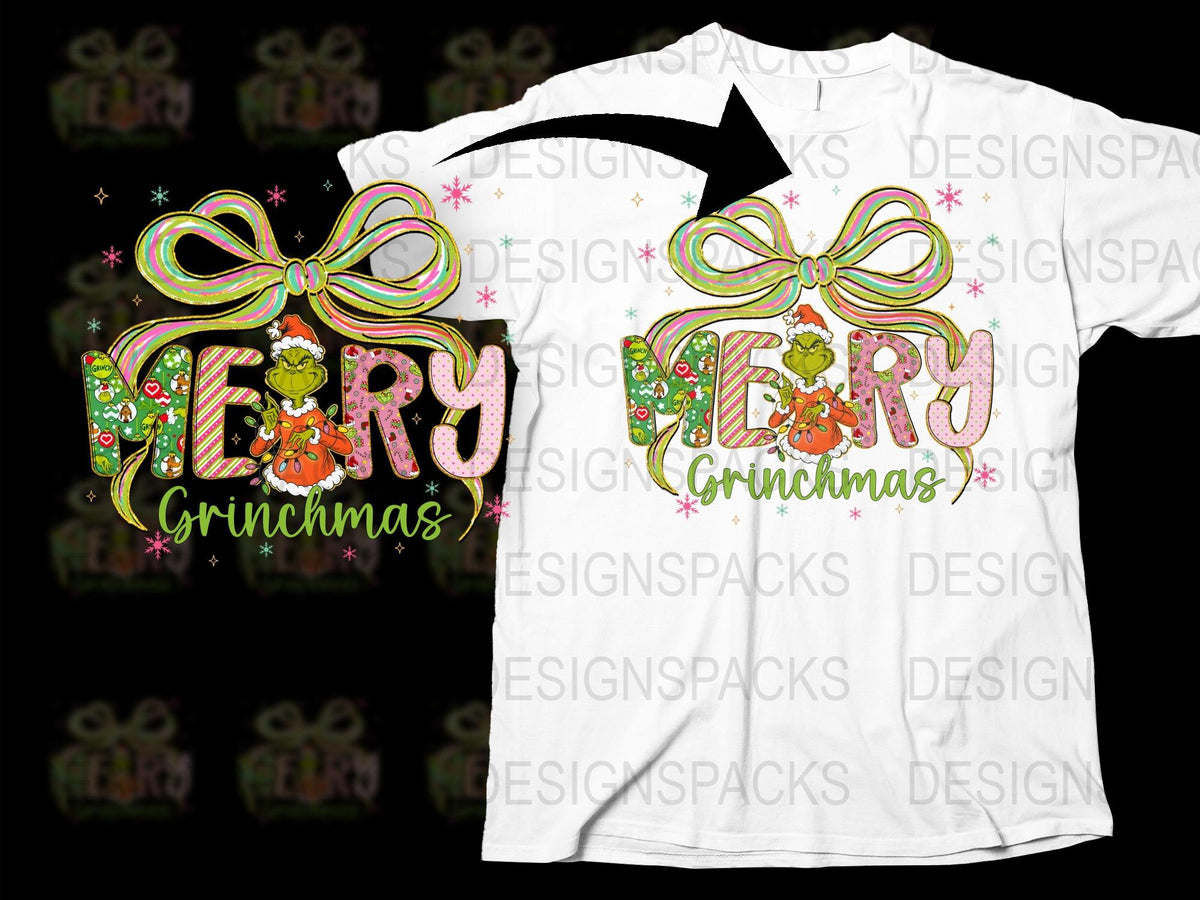 Merry Grinchmas T-Shirt, Funny Christmas Tee, Holiday Festive Shirt, Colorful Bow Graphic, Unisex Adult Clothing