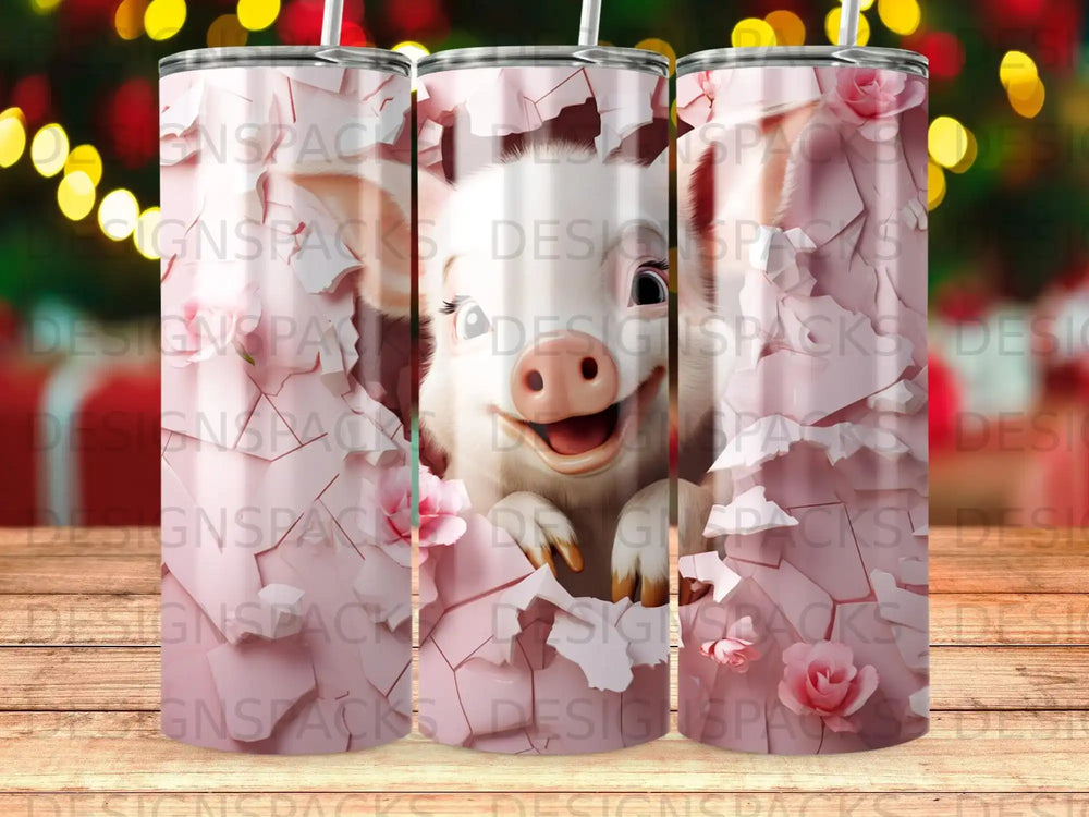 Pua from Moana peeking through broken pink paper, water bottle