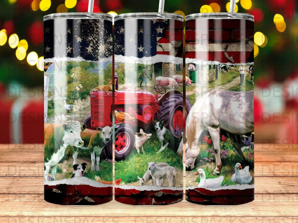 Red tractor and farm animals with American flag pattern design.
