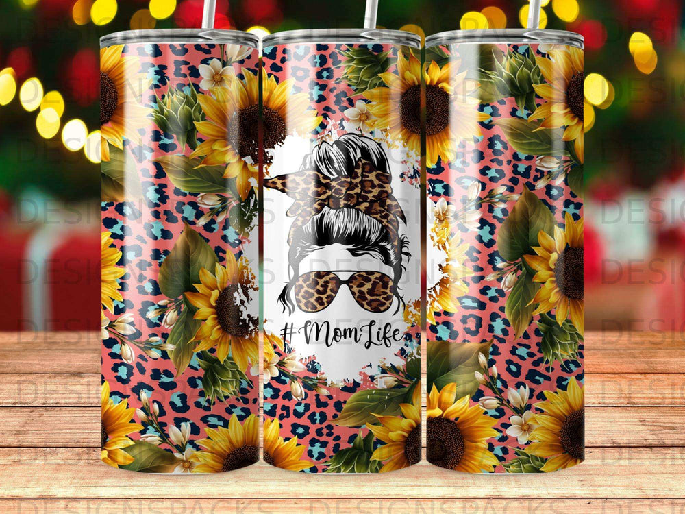 Sunflower and leopard print tumbler with "Mom Life" text.
