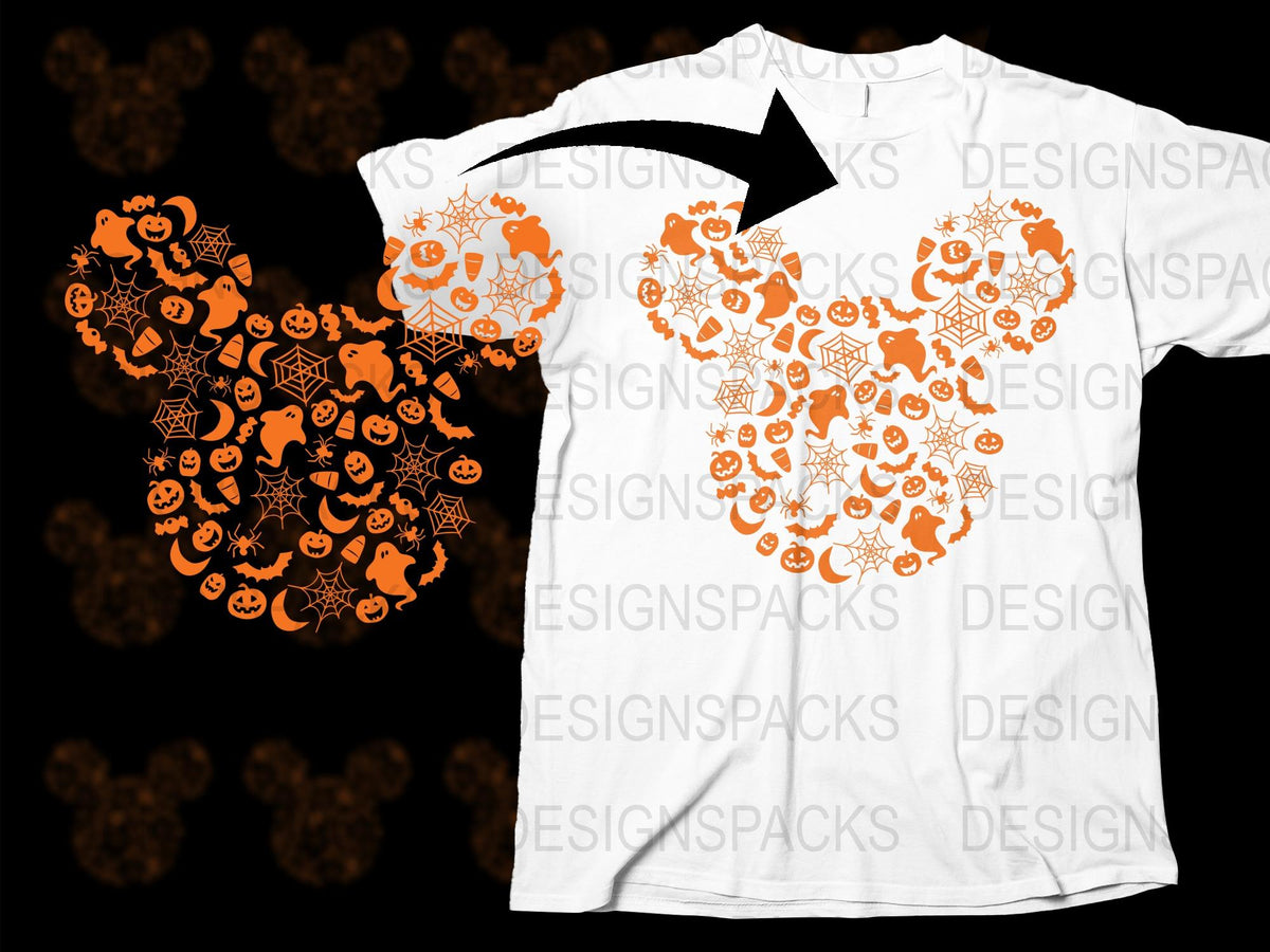 Halloween T-Shirt with Orange Pumpkin Graphics, Ghosts, Bats, Spooky Holiday Apparel for All Ages
