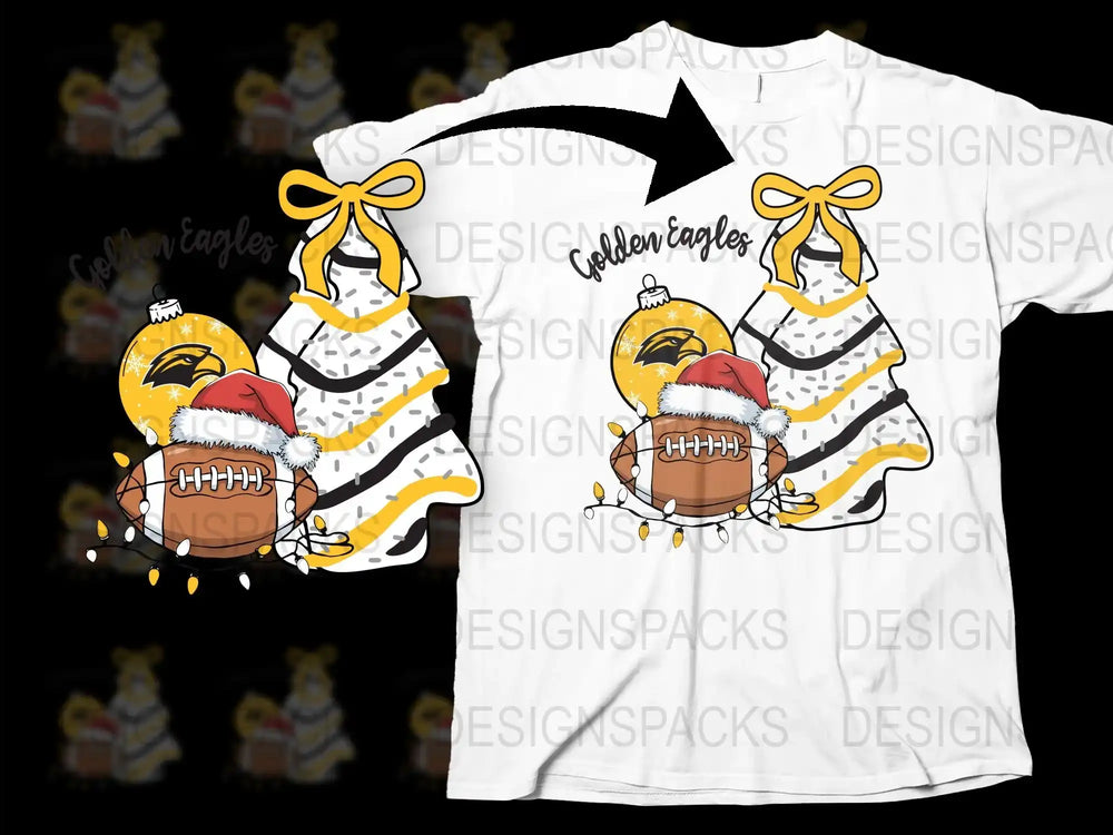 Golden Eagles Football T-Shirt, Christmas Santa Hat Graphic, Yellow Bow, Holiday Sports Apparel
