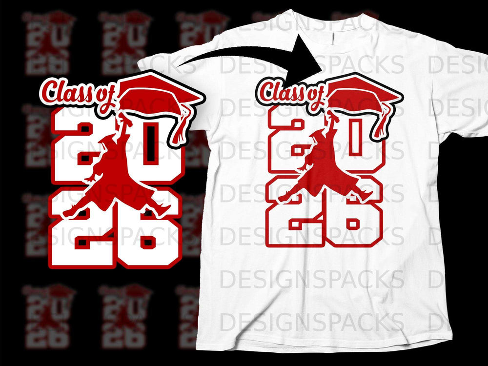Red graduation graphic with "Class of 2026" on a white t-shirt.