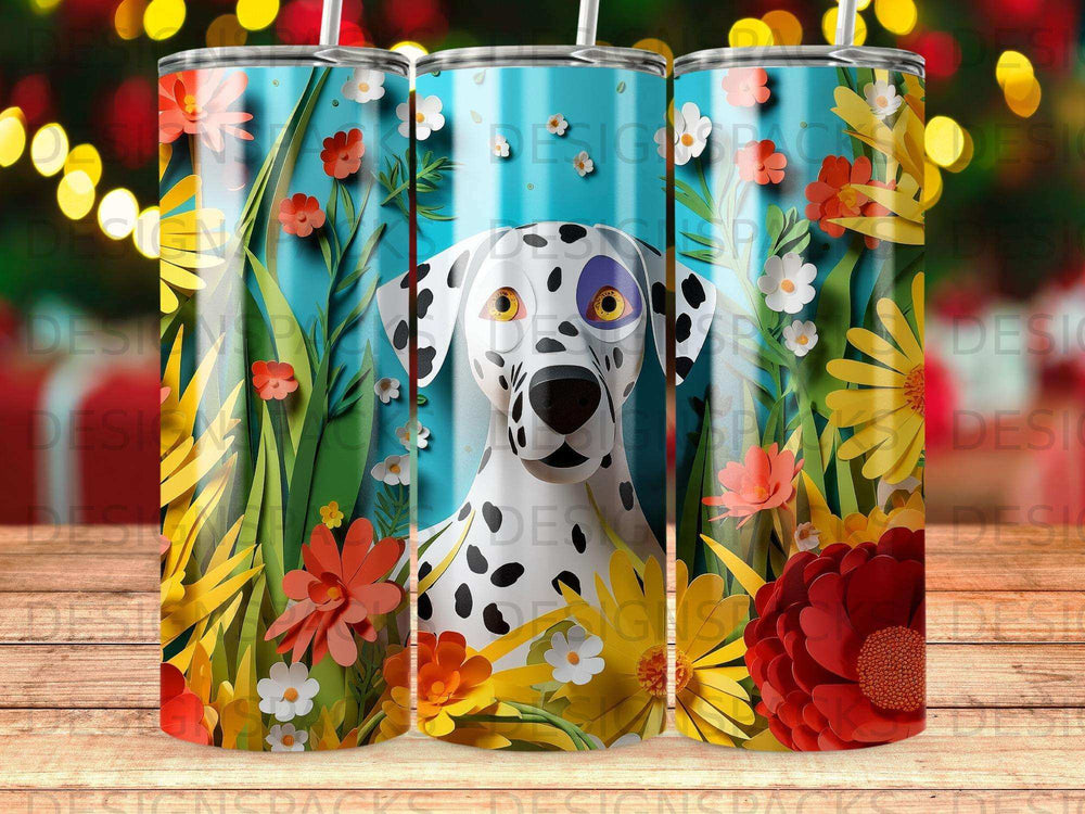 Dalmatian dog with flowers on a blue striped tumbler.