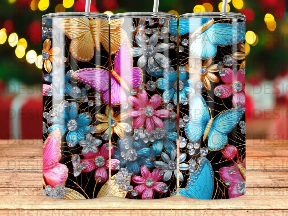 Tumbler with colorful butterflies and floral embellishments.