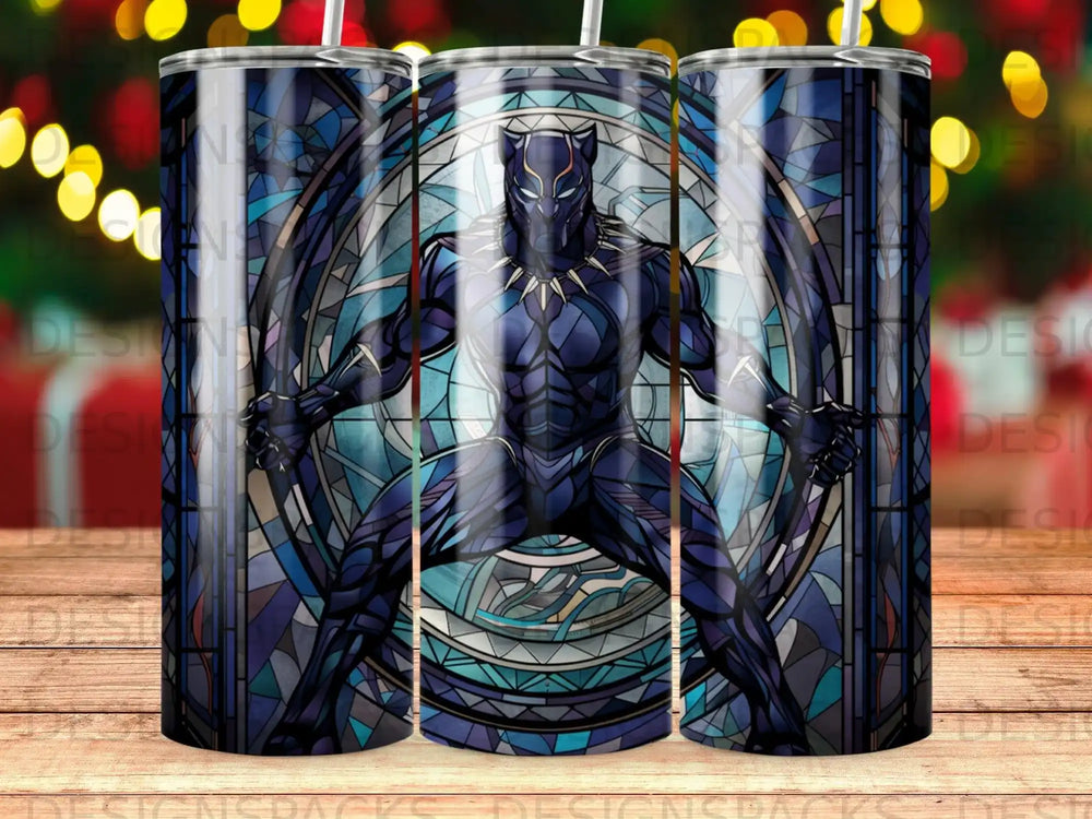 Black Panther character in stained glass style on a tumbler design.