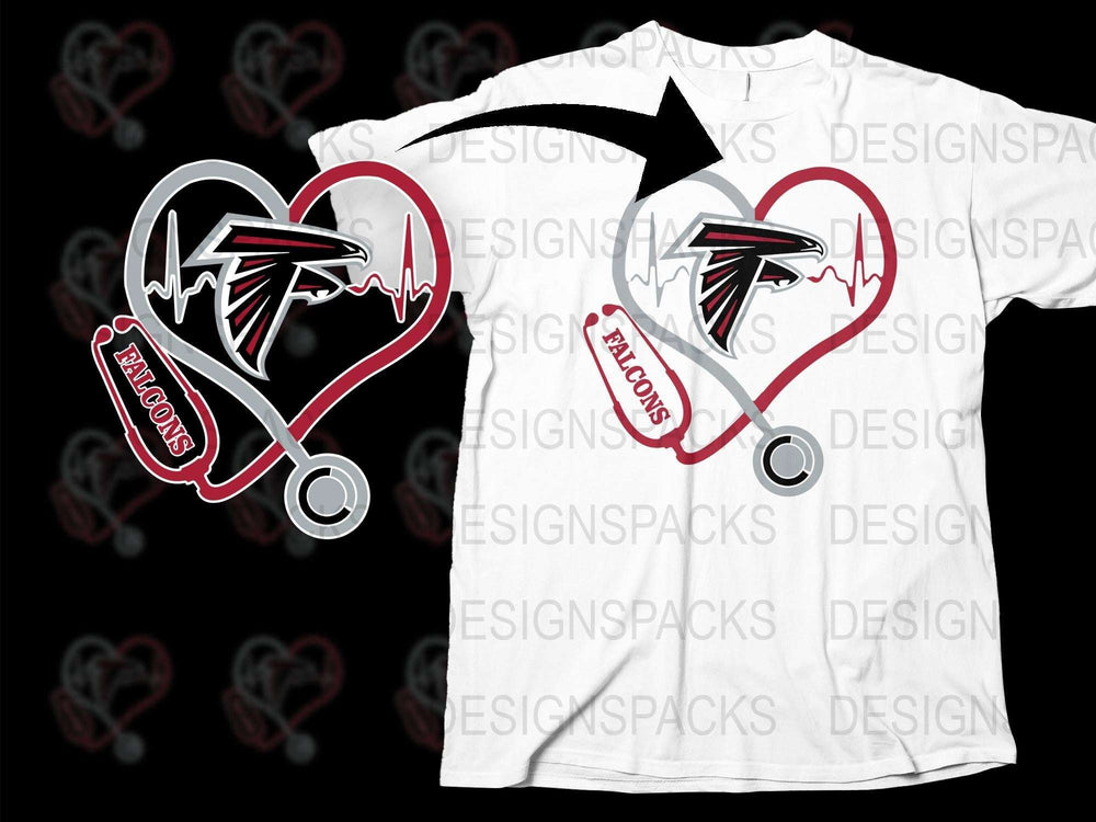 Trendy Atlanta Falcons Stethoscope Heart Graphic T-Shirt, NFL Team Sports Fan Apparel, Casual Wear White Tee