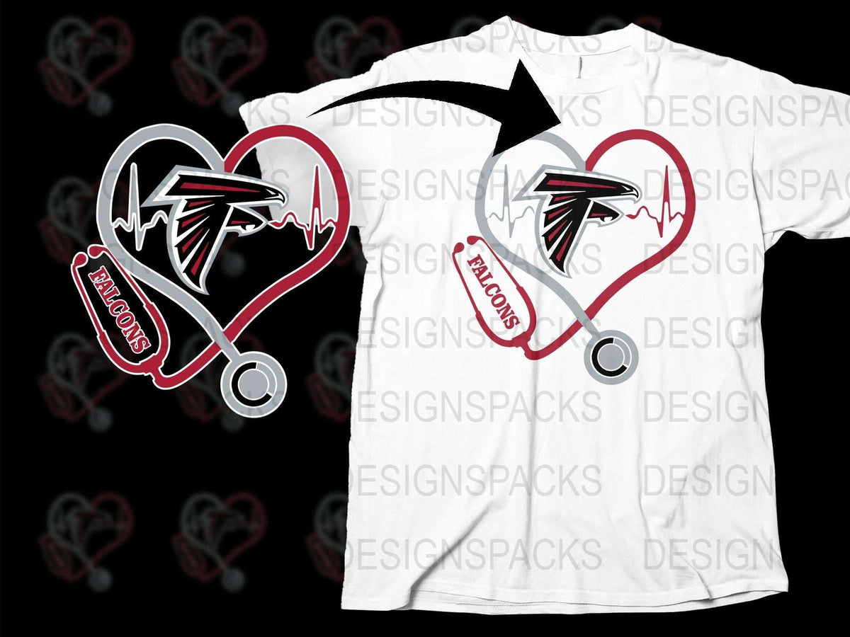 Trendy Atlanta Falcons Stethoscope Heart Graphic T-Shirt, NFL Team Sports Fan Apparel, Casual Wear White Tee