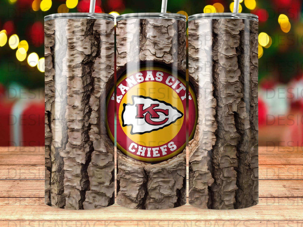 Kansas City Chiefs logo on a wood-grain tumbler.