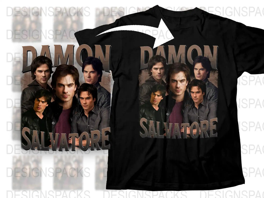 Damon Salvatore Graphic T-Shirt, Vampire TV Show Fan Merch, Multiple Poses Print, Casual Black Tee