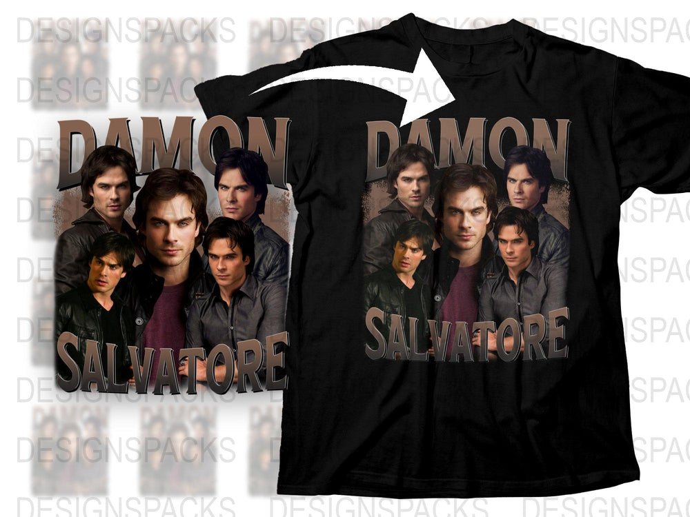 Damon Salvatore Graphic T-Shirt, Vampire TV Show Fan Merch, Multiple Poses Print, Casual Black Tee