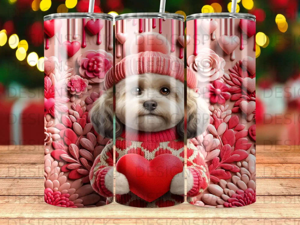 Fluffy dog in a sweater holds a heart, surrounded by pink floral hearts.