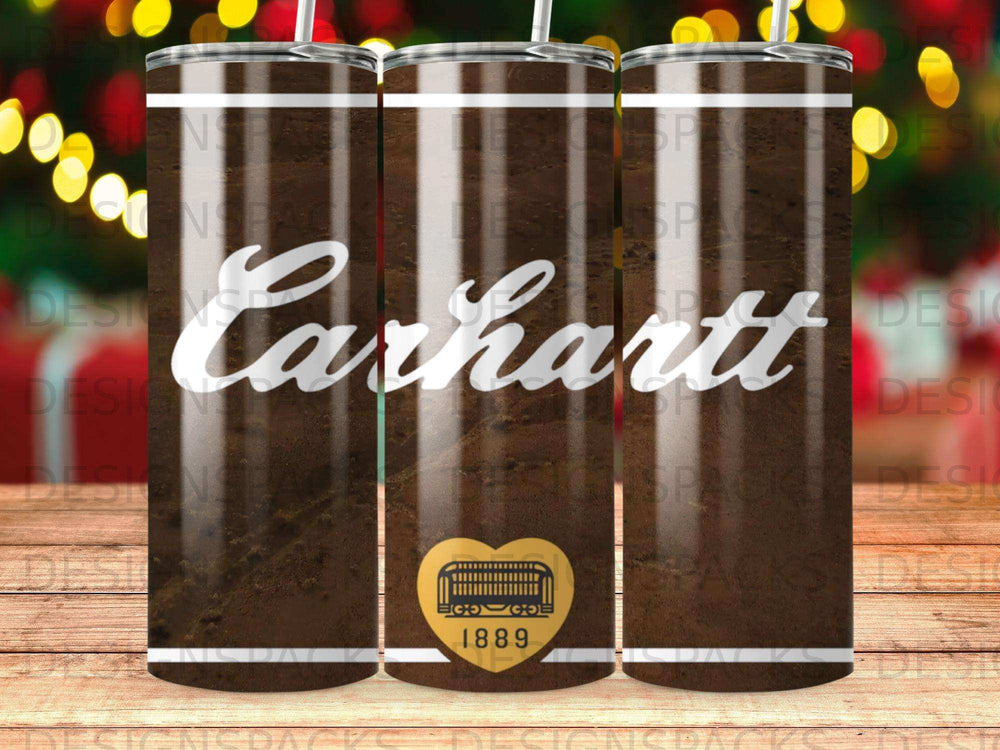 Carhartt logo and shield emblem on a brown striped tumbler.
