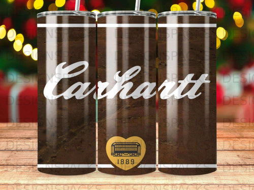 Carhartt logo and shield emblem on a brown striped tumbler.