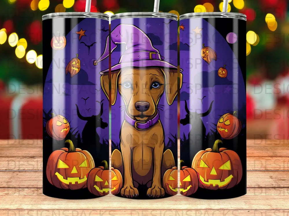 Halloween tumbler with dog, pumpkins, and spooky bats.